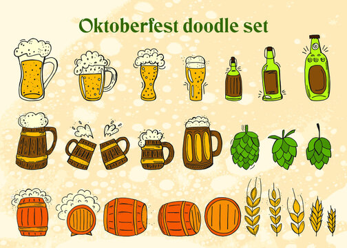 Oktoberfest 2021 - Beer Festival. Hand-drawn Doodle Elements. German Traditional holiday. Octoberfest, Craft Beer. Blue-white rhombus. Set of elements.