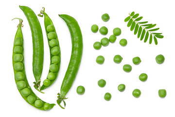 Fresh green pea pods with green peas isolated on white background. clipping path. top view
