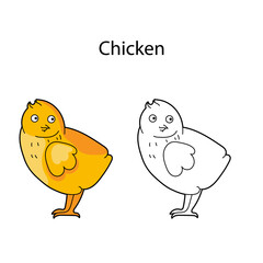 Funny cute bird chicken isolated on white background. Linear, contour, black and white and colored version. Illustration can be used for coloring book and pictures for children