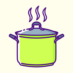 А saucepan as a symbol of a hot dish colored icon. Collection of signs in different food categories. Symbols for cafe and restaurant decoration. Vector outline flat illustrations on yellow background.