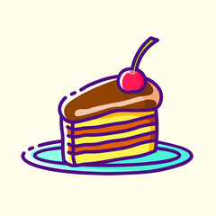 A piece of cake with cherry colored icon. Collection of signs in different food categories. Symbols for cafe and restaurant decoration. Vector stylish outline flat illustrations on yellow background.