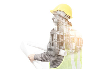 Double exposure image of professional engineer in protective helmet and blueprints paper at the...