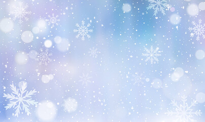 Naklejka na ściany i meble Winter background with falling snow and snowflakes. Christmas scene for Holiday and Happy new year background in pastel tone. Vector snowfall, snowflakes in different shapes and forms. Vector EPS10.
