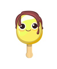 Lemon color Ice cream. Summer food sweet dessert. Syrup streaks. Cartoon funny character. Flat design. Object is isolated on a white background. Popsicle on a stick. Illustration Vector