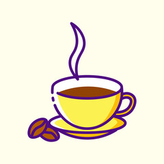 Coffee cup with coffee beans colored icon. Collection of signs in different food categories. Symbols for cafe and restaurant decoration. Vector stylish outline flat illustrations on yellow background.