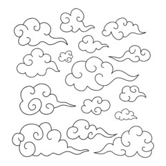 Set of traditional oriental swirled clouds in black outline isolated on white background. Clip art elements for greeting card, banner design for Chinese New Year, Mid Autumn Lantern, Spring festival