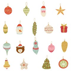 Hand drawn vector set. Christmas toys pastel  Retro colours.Good for prints, designs,postcards,textile,wrapper