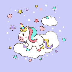Cute unicorn with hearts, stars, clouds.