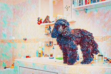 black poodle in the bathroom and mosaic structure.