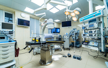 Clinical ward for surgery preparation. Sterile clinic surgeons equipment.