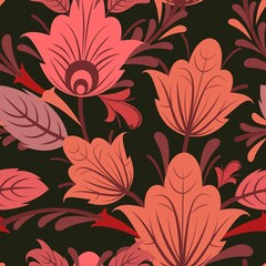 Blue vegetable seamless pattern. Dark. Cool ornament. Interlacing of branches and flowers. Background illustration. Elegant fashionable. Flat cute symbolic style. Vector