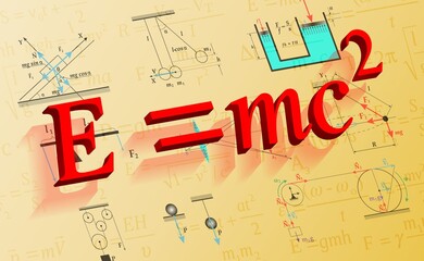 Background for a presentation on physics. Physics, formulas, perspective. Abstract vector illustration of formulas and drawings in physics on the wall with a reflection of a three-dimensional formula.