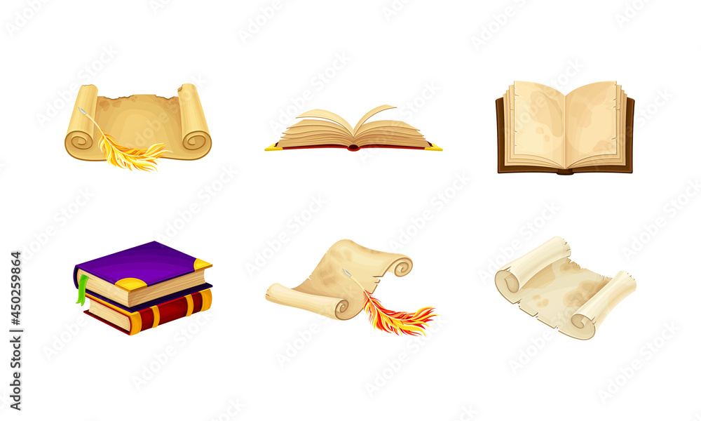 Poster old books in hard cover with pages and scrolls with quill vector set