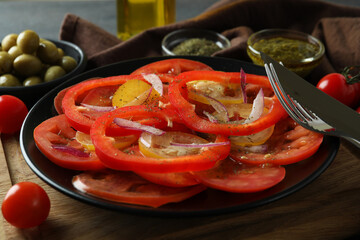 Concept of tasty food with tomato carpaccio, close up