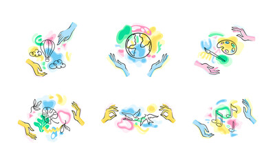 Hands with Colorful Shapes and Contour Objects Vector Set