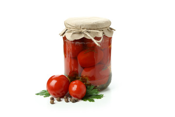 Jar of pickled tomatoes isolated on white background