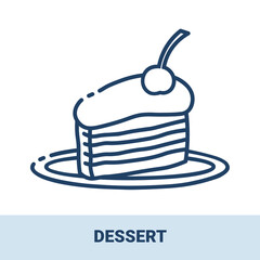 A piece of chocolate cake outline monochrome icon with title. Collection of signs in different food categories. Symbols for restaurant decoration. Vector illustrations isolated on white background.