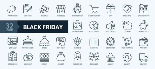 Black Friday Big Sale - thin line web icon set. Outline icons collection. Simple vector illustration.