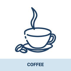 Coffee cup with coffee beans outline monochrome icon with title. Collection of signs in different food categories. Symbols for restaurant decoration. Vector illustrations isolated on white background.