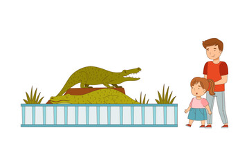 Happy Little Girl with Father Looking at Crocodile Behind Enclosure at Zoo Vector Illustration