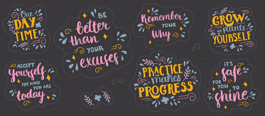 Set of stickers with motivational and inspirational lettering. Collection of hand-drawn designs on dark background with doodle decorations.  - obrazy, fototapety, plakaty