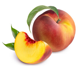 Fresh Peach fruits with leaf on white background, Peach isolated on white background With clipping path.
