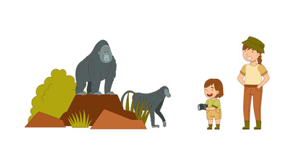 Little Girl with Mother Traveler Visiting Tropical National Park Watching Gorilla with Camera Vector Illustration