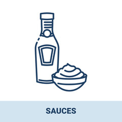 Ketchup bottle and bowl with sauce outline monochrome icon with title. Collection of signs in different food categories. Symbols for cafe decoration. Vector illustration isolated on white background.