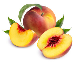 Fresh Peach fruits with leaf on white background, Peach isolated on white background With clipping path.