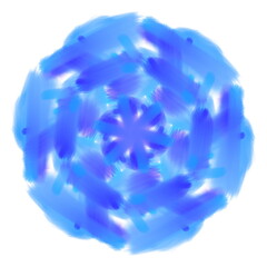 Hand drawn illustration of blue twirl spiral in circular symmetrical shape on white background