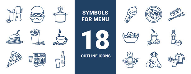 Set of outline monochrome icons on the theme of catering. Collection of signs in different food categories. Symbols for restaurant decoration. Vector illustrations isolated on white background.