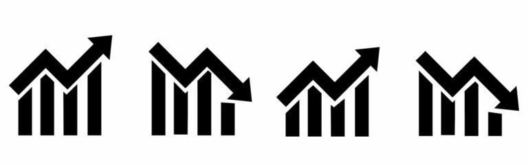Growing bar graph icon set. Simple chart increase. Progress bar symbol. Green and red arrow