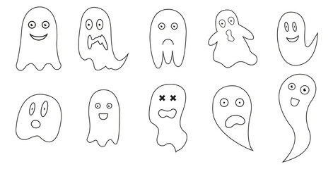 Simple flat ghost illustration. Halloween vector icons set. Cute cartoon characters. Big set of halloween ghosts logos.