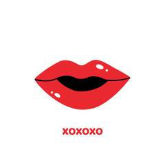Red lips, female open mouth icon with xoxoxo text, abbreviation for hugs and kisses.
