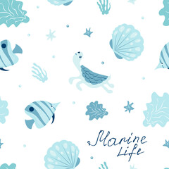 Seamless pattern with cute turtle, fish and seaweed- vector illustration, eps