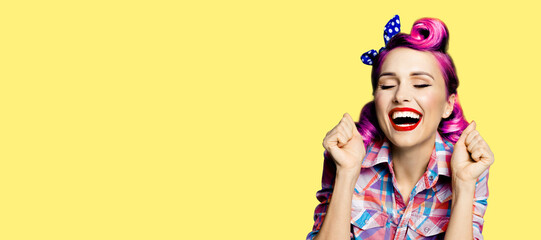 Unbelievable news! Excited surprised, very happy purple red woman. Pin up girl with open mouth and...