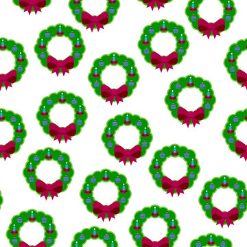 Seamless pattern of Christmas wreaths. The icon is a Christmas wreath with a bow, balloons and candles.