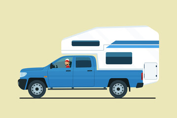 Pickup truck with a touring trailer mounted in the back isolated. Vector illustration. © lyudinka