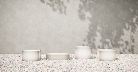 Exhibition Podium, stand, on pastel light аrchitectural background for premium product  -3D render. Unobtrusive botanical background with shadow on the wall - trend frame, cover, card, postcard. 