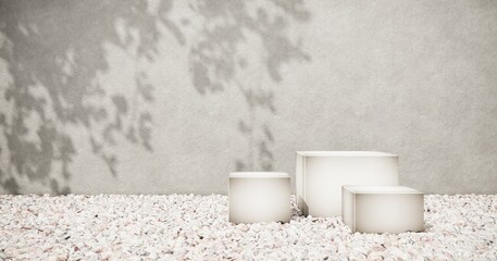 Exhibition Podium, stand, on pastel light аrchitectural background for premium product  -3D render. Unobtrusive botanical background with shadow on the wall - trend frame, cover, card, postcard. 