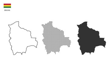 3 versions of Bolivia map city vector by thin black outline simplicity style, Black dot style and Dark shadow style. All in the white background.