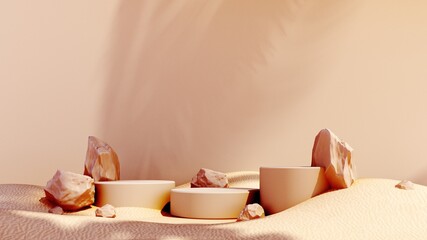 3D render podium, showcase on light white background with shadows in green tropical leaves of plants. Abstract natural,organic background for advertising products, spa body care, relaxation, health.	
