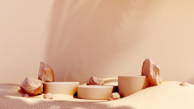 3D render podium, showcase on light white background with shadows in green tropical leaves of plants. Abstract natural,organic background for advertising products, spa body care, relaxation, health.	
