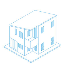 一戸建て住宅マイホームのイラスト線画ラインアート二階建て　アイソメトリックス立体イラスト