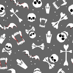Halloween seamless pattern. Holiday accessories on gray background. Vector illustration