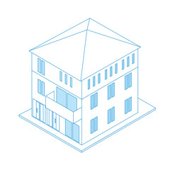 一戸建て住宅マイホームのイラスト線画ラインアート三階建て　アイソメトリックス立体イラスト