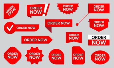 Order Now. Tags, Banner, Button sticker ribbon icon badge label set. Vector illustration. Red color.
