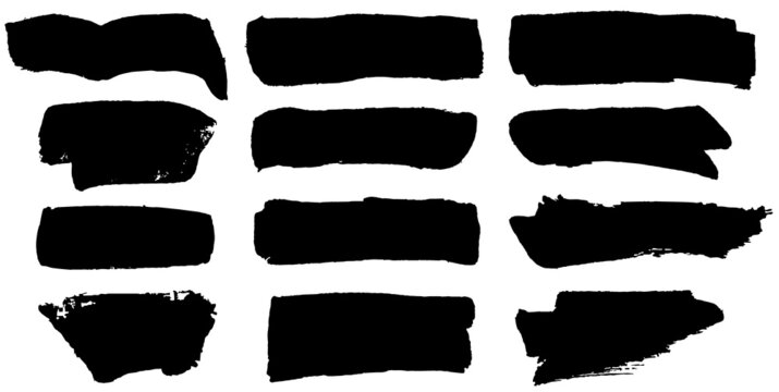 Vector hand made black paint brush spots, roll up lines, horizontal blobs.  Brushstrokes and dashes. Ink smudge abstract shape stains and smear 