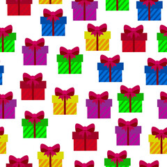 Seamless background with colorful gifts on a white background. Gift boxes with a pink bow. Christmas. Birthday.