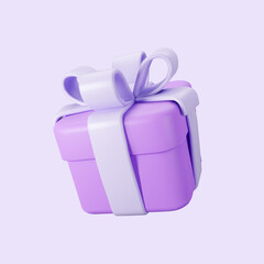 3d purple gift box with pastel ribbon bow isolated on a light background. 3d render flying modern holiday surprise box. Realistic vector icon for present, birthday or wedding banners